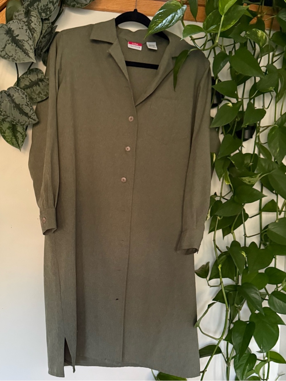 LL Bean Traveler Olive Green Long Sleeve Shirtdress Button Front Medium Petite